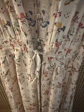Cream Floral Button-Front Smocked Waist Dress
